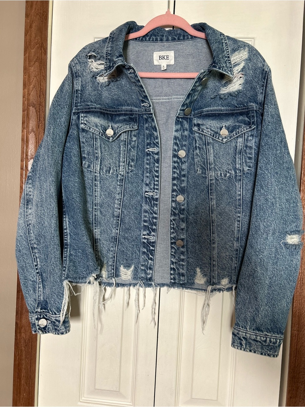 BKE Women's Distressed Blue Denim Jean Jacket